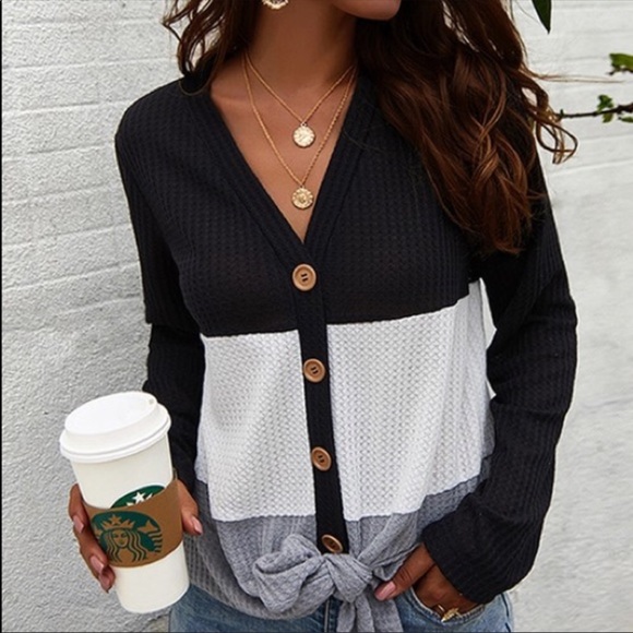 Trindy Clozet Boutique Tops - Kendall’s Striped Waffle Front Tie Top